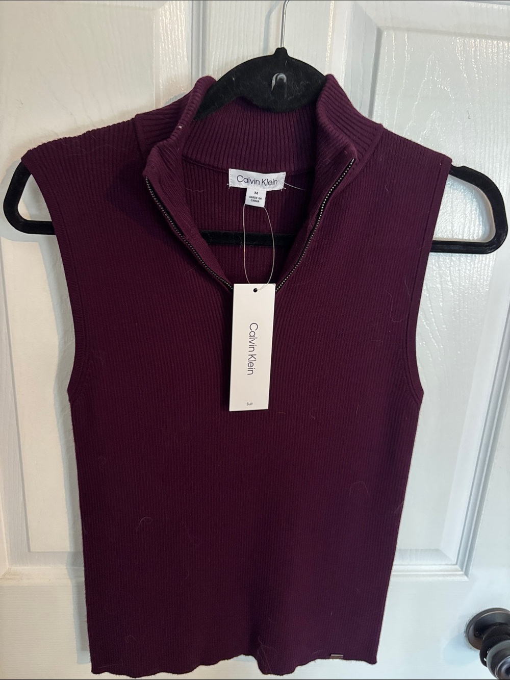 Calvin Klein Sleeveless Ribbed Zip Mock Neck Top - Plum